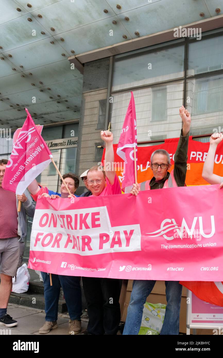 Bristol, UK. 1st Aug, 2022. BT Openreach engineers who are members of the Communications Workers Union CWU are on strike. Pictured is the picket line outside the Central Telephone Exchange, Bristol. Strikers are concerned about a below inflation pay offer. Credit: JMF News/Alamy Live News Stock Photo