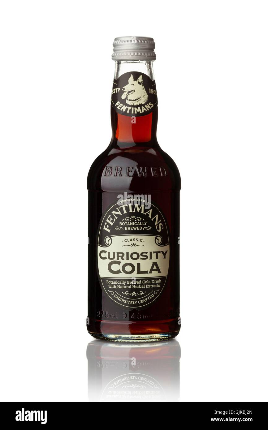 CHISINAU, MOLDOVA - July 24, 2022: Fentimans Curiosity Cola is the world's first cola brewed by botanical brewing on white background. File contains c Stock Photo