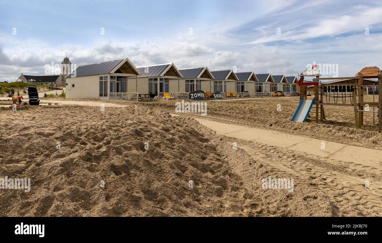 Tourist attraction along the North Sea coast: Chalets for hire, Katwijk, South Holland, The Netherlands. Stock Photo