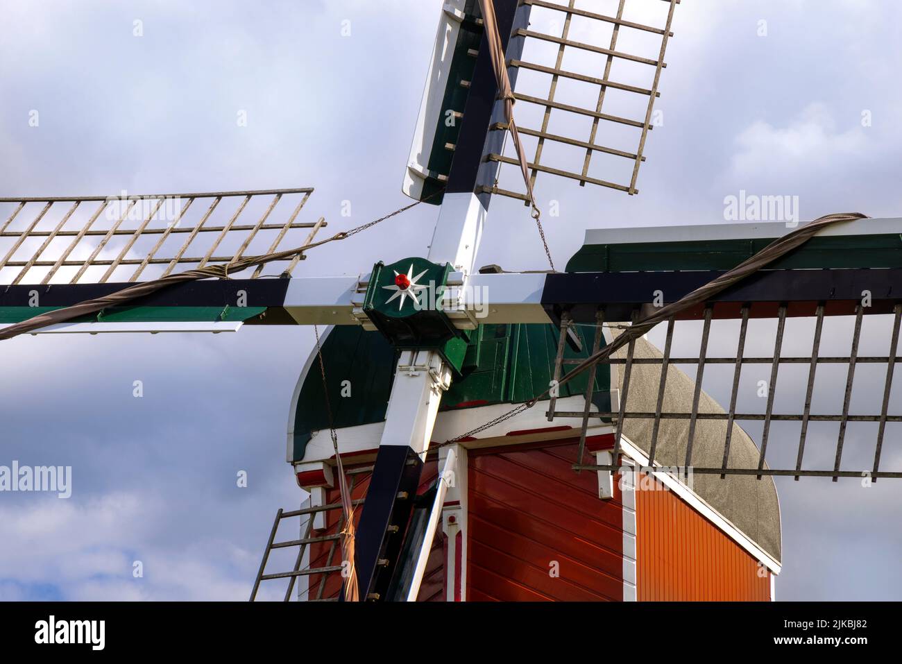 Detailed view of a historic drainage windmill, called Vrouw Vennemolen, Blauwe Polder, Oud-Ade, South Holland, The Netherlands. Stock Photo