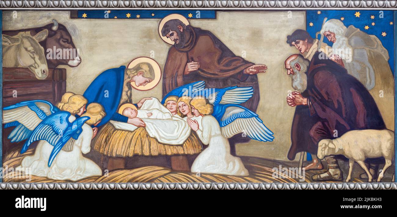 ZURICH, SWITZERLAND - JULY 1, 2022: The fresco of Adoration of Shepherds in the church Pfarrkirche Liebfrauen by Fritz Kunz (1906). Stock Photo