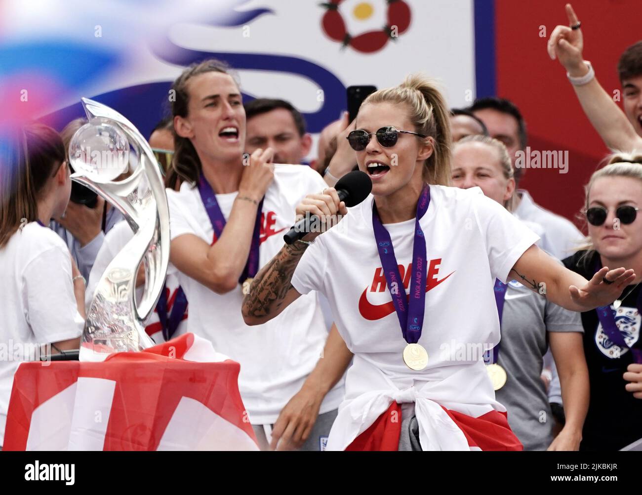 England's Rachel Daly on stage during a fan celebration to commemorate England's historic UEFA Women's EURO 2022 triumph in Trafalgar Square, London. Picture date: Monday August 1, 2022. Stock Photo
