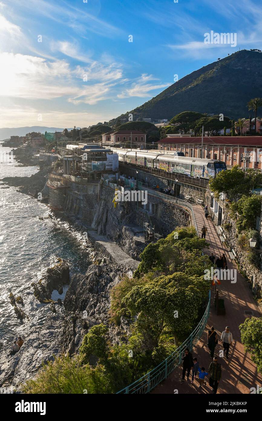Elevated view of the coastline with the Anita Garibaldi Promenade and the railway station of Nervi, Genoa, Liguria, Italy Stock Photo