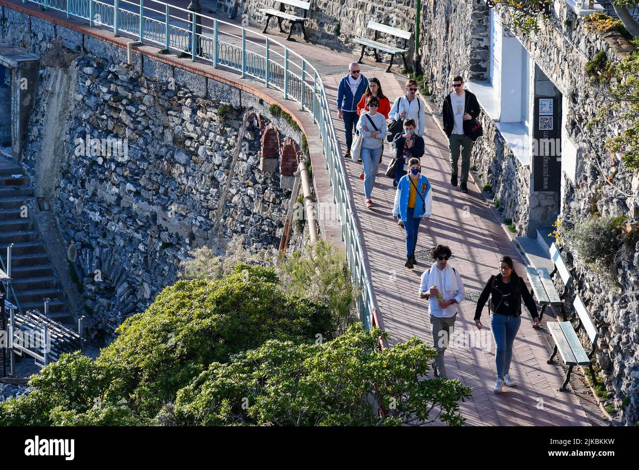 High-angle view of people walking on the Anita Garibaldi Promenade, a popular tourist attraction of the fishing village, Nervi, Genoa, Liguria, Italy Stock Photo