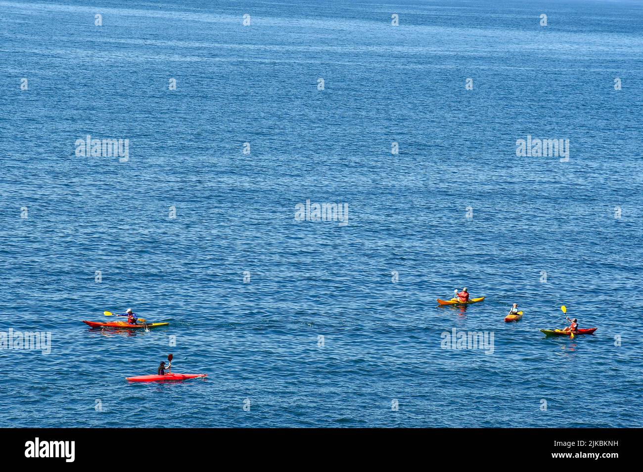 High-angle view of a group of five people kayaking on the sea, Nervi, Genoa, Liguria, Italy Stock Photo