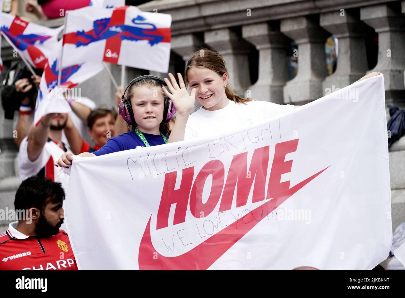England fans during a fan celebration to commemorate England's historic UEFA Women's EURO 2022 triumph in Trafalgar Square, London. Picture date: Monday August 1, 2022. Stock Photo