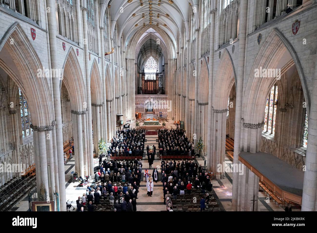 The coffin of Harry Gration leaves a service of thanksgiving for the BBC presenter at York Minster in York. Picture date: Monday August 1, 2022. Stock Photo
