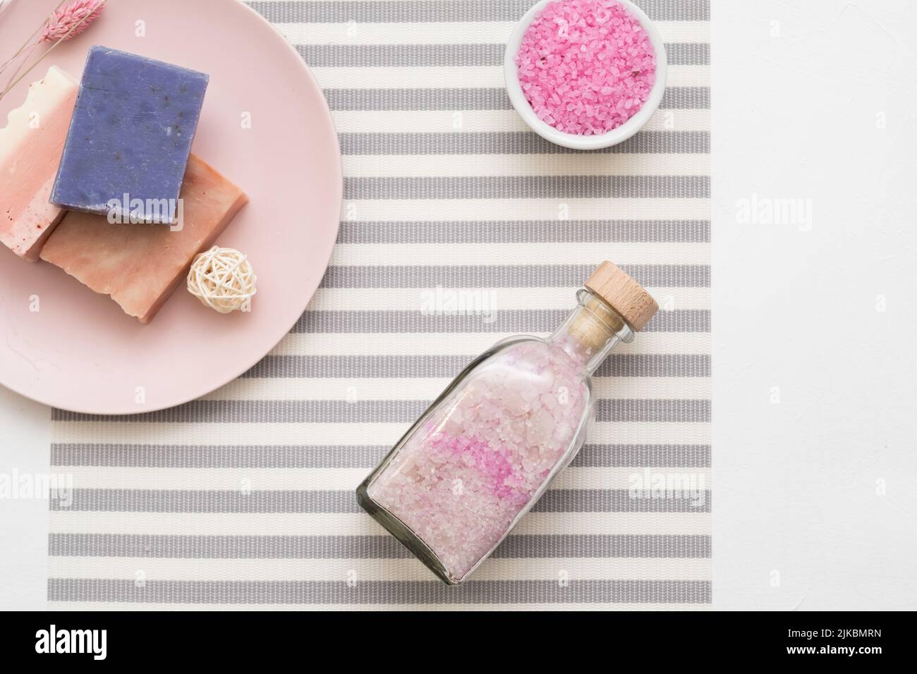 organic body care cosmetic products bath salt soap Stock Photo