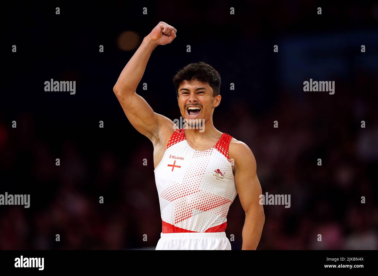 England’s Jake Jarman celebrates winning gold in the Men's Floor Exercise Final at Arena