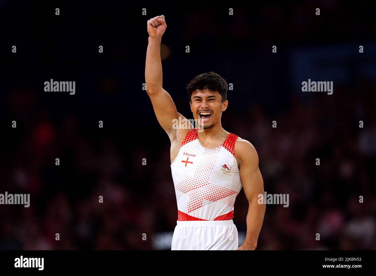 England’s Jake Jarman celebrates winning gold in the Men's Floor Exercise Final at Arena
