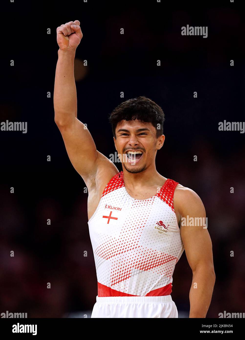 England’s Jake Jarman celebrates winning gold in the Men's Floor Exercise Final at Arena