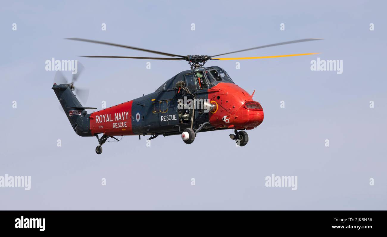 Historic Helicopters Wessex MK 5, XT761 in Royal Navy Search and Rescue livery arrival at the Royal international Air Tattoo Stock Photo