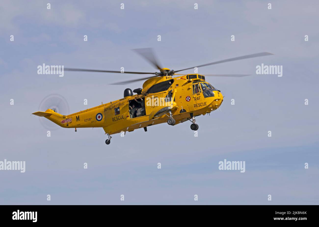 Historic Helicopters, Sea King HAR.3 XZ597 in RAF SAR livery arring at the Royal International Air Tattoo for Static display. Stock Photo