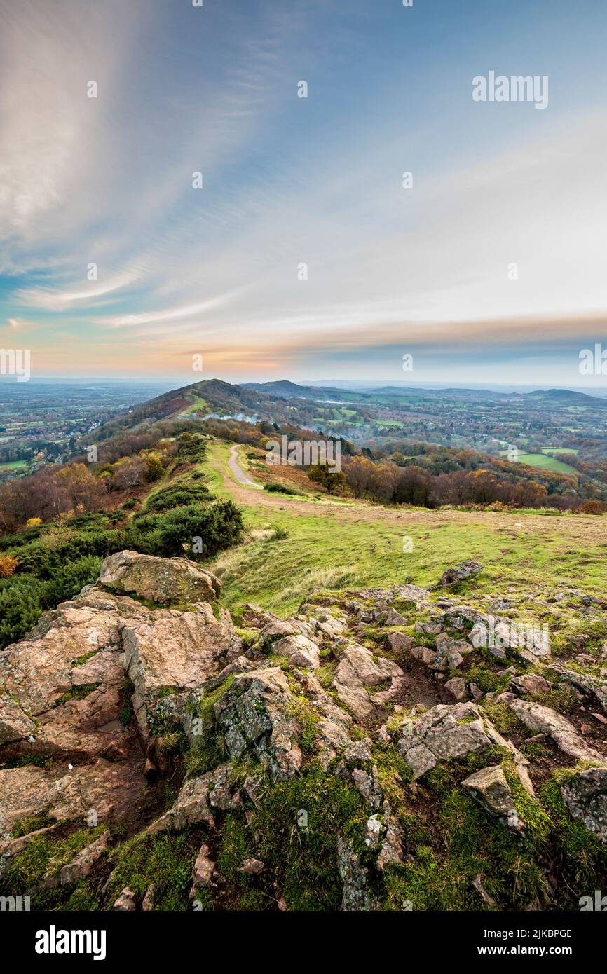 Looking south along the Malvern Hills from Summer Hill in the autumn, England Stock Photo