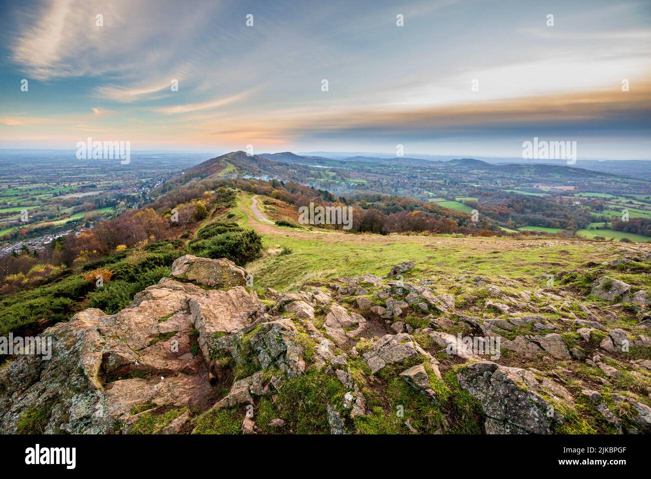Looking south along the Malvern Hills from Summer Hill in the autumn, England Stock Photo