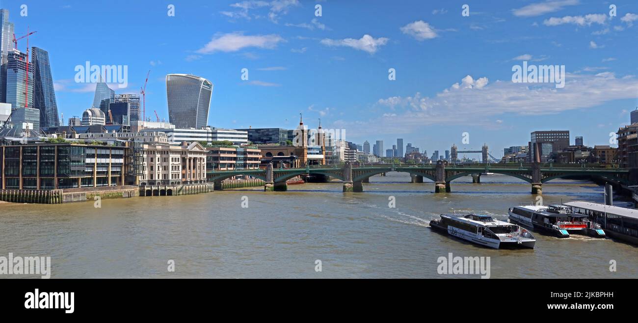 Wide panorama view of river Thames, city of London, Clipper, Walkie talkie and Tower Bridge, from Bankside, Southwark, London, England, UK, SE1 Stock Photo