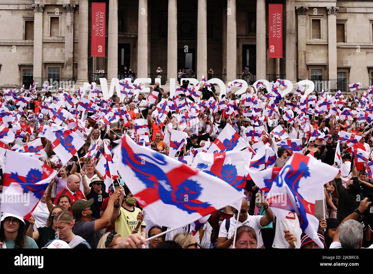 England fans during a fan celebration to commemorate England's historic UEFA Women's EURO 2022 triumph in Trafalgar Square, London. Picture date: Monday August 1, 2022. Stock Photo
