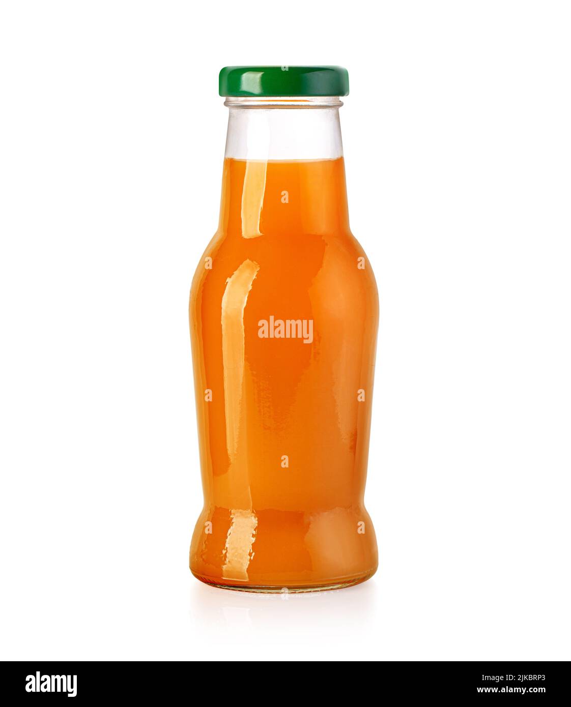 Glass bottle of orange juice with green lid isolated on white with