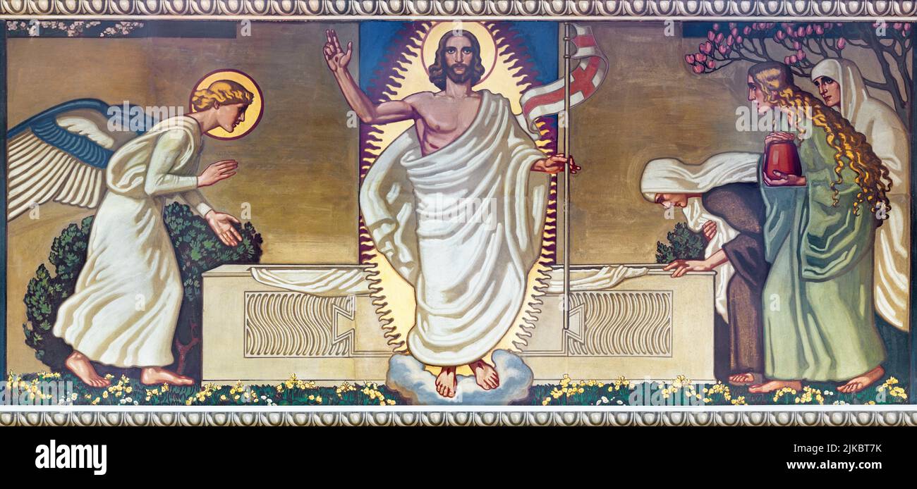 ZURICH, SWITZERLAND - JULY 1, 2022: The fresco of Resurrection of Jesus in the church Pfarrkirche Liebfrauen by Fritz Kunz (1906). Stock Photo