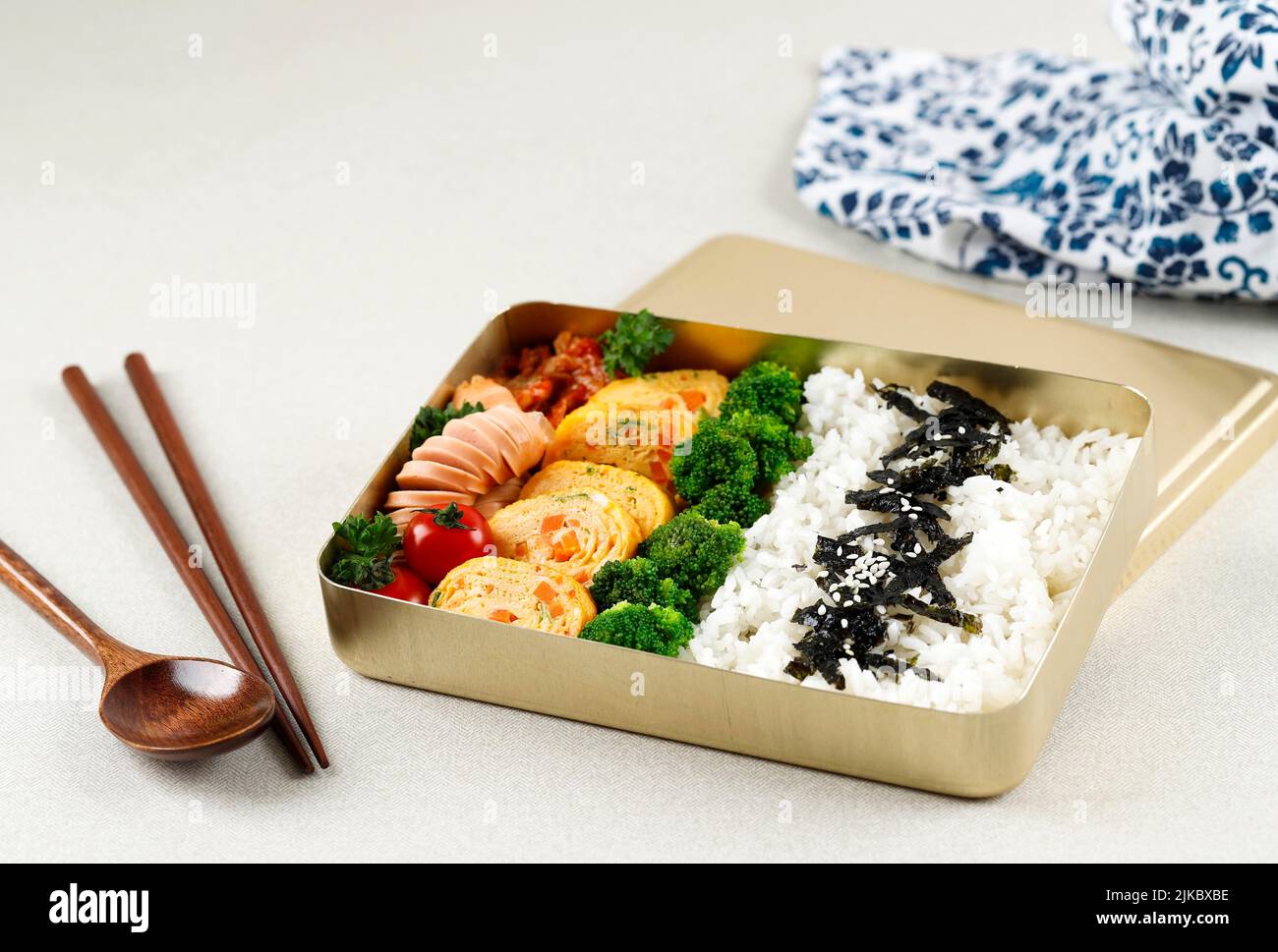 Korean Lunchbox Dosirak, Packed Meal Bento Lunchbox with various Banchan, Gyeran Mari, Tomato