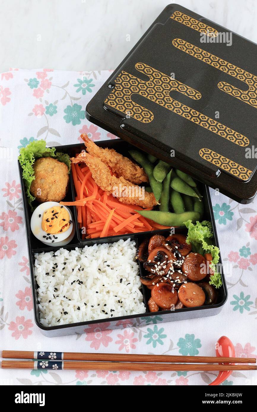 Top View Japanese Bento Lunchbox With Steamed Vegetable Boiled Egg