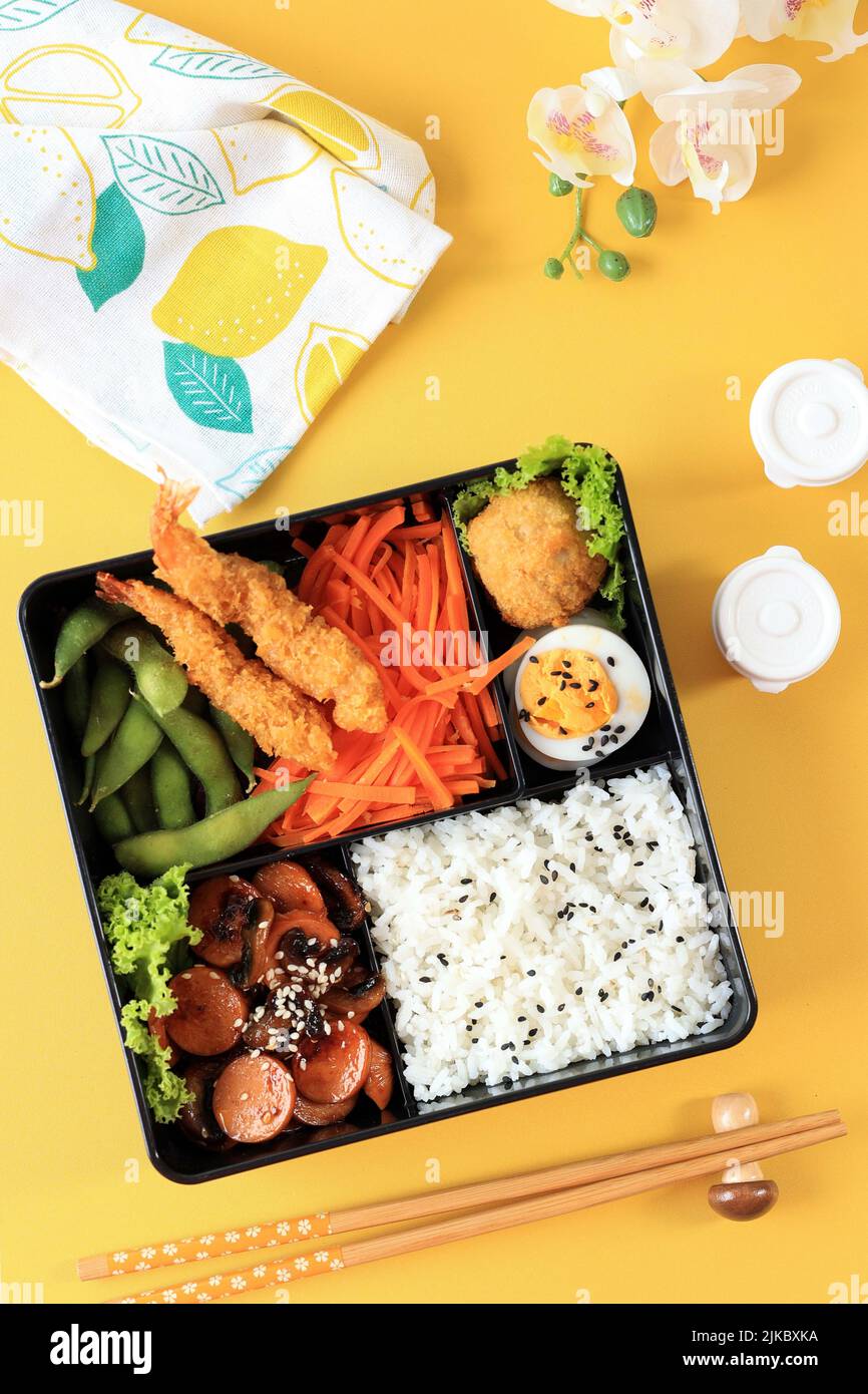 Top View Japanese Bento Lunchbox With Steamed Vegetable Boiled Egg