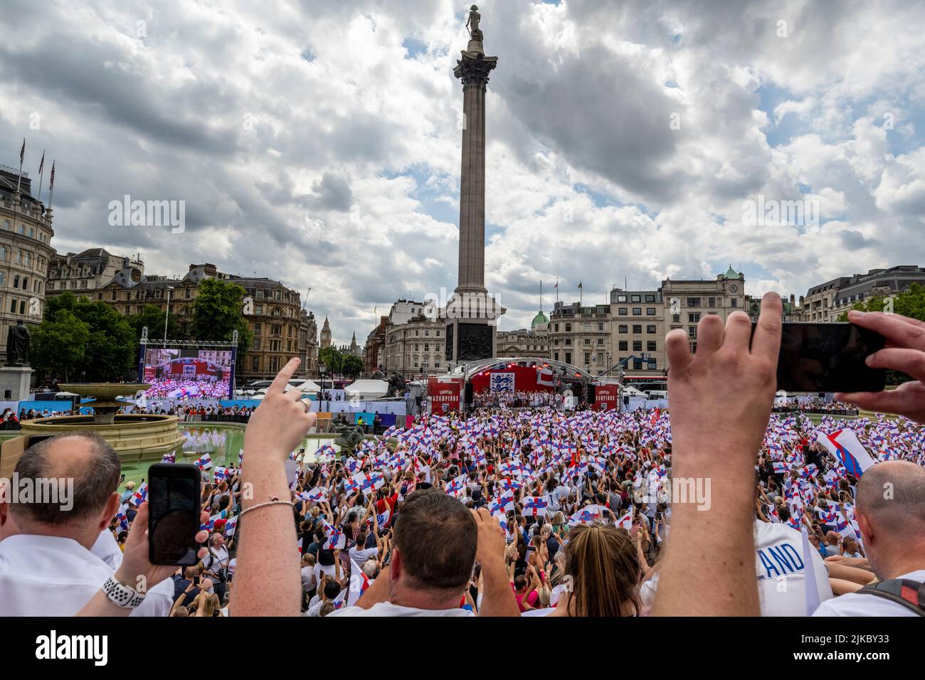 London, UK.  1 August 2022.  Members of the Women’s England football team and manager Sarina Wiegman, celebrate on stage watched by 7,000 fans in Trafalgar Square after winning the European Championship final (Euro 2022) against Germany at Wembley Stadium the day before.  Credit: Stephen Chung / Alamy Live News Stock Photo