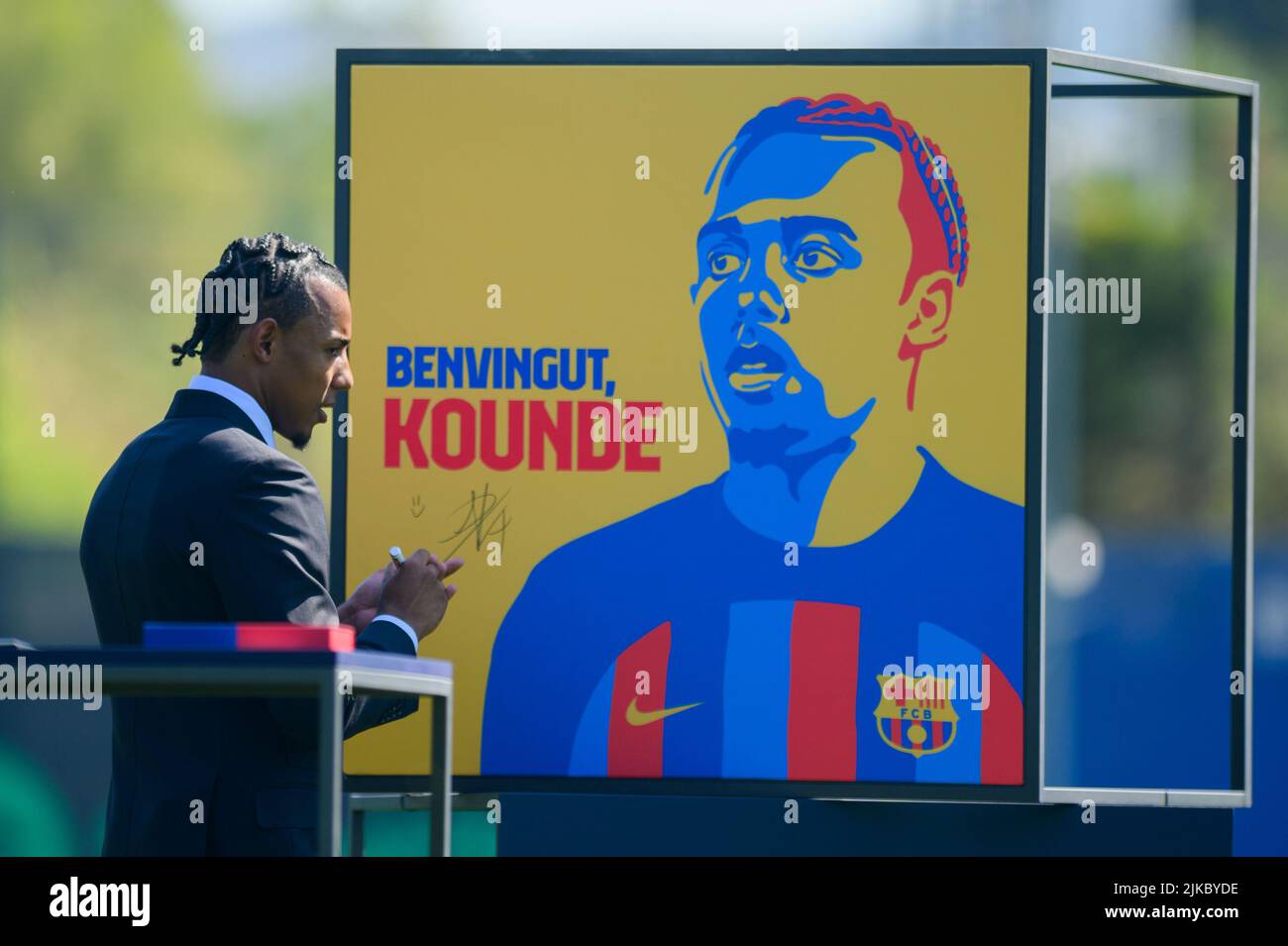 Ciutat Esportiva Joan Gamper, Spain. 01st Aug, 2022. New signing Jules Kounde during his unveiling as FC Barcelona new player at Ciutat Esportiva Joan Gamper in Barcelona, Spain. Credit: DAX Images/Alamy Live News Stock Photo