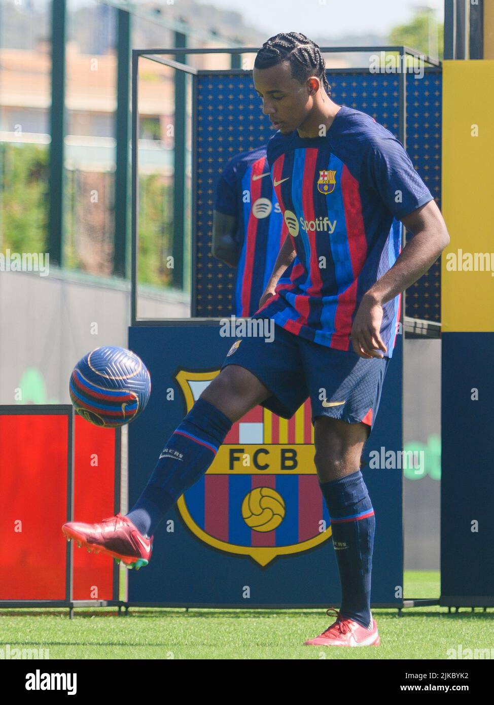 Ciutat Esportiva Joan Gamper, Spain. 01st Aug, 2022. New signing Jules Kounde during his unveiling as FC Barcelona new player at Ciutat Esportiva Joan Gamper in Barcelona, Spain. Credit: DAX Images/Alamy Live News Stock Photo