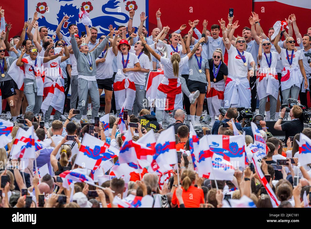 London, UK. 1st Aug, 2022. England celebration after winning the UEFA Women's EURO 2022 final. The event in Trafalgar Square was organised by the FA, the Mayor of London Sadiq Khan, and tournament organisers. It offered free access for up to 7,000 supporters. Credit: Guy Bell/Alamy Live News Stock Photo