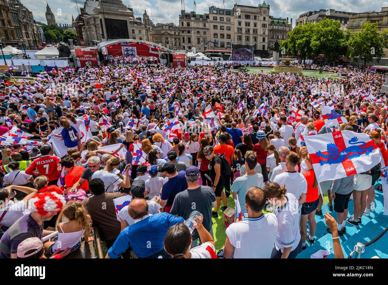 London, UK. 1st Aug, 2022. England celebration after winning the UEFA Women's EURO 2022 final. The event in Trafalgar Square was organised by the FA, the Mayor of London Sadiq Khan, and tournament organisers. It offered free access for up to 7,000 supporters. Credit: Guy Bell/Alamy Live News Stock Photo