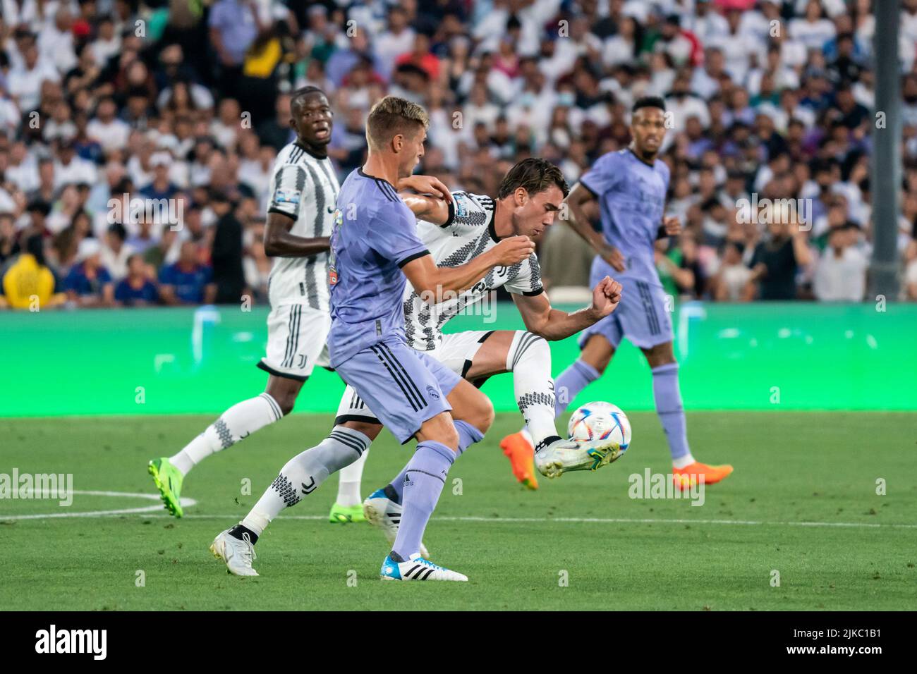 Juventus forward Dušan Vlahović (9) battles Real Madrid midfielder Toni Kroos (8) for possession during a Soccer Champions Tour match, Saturday, July Stock Photo