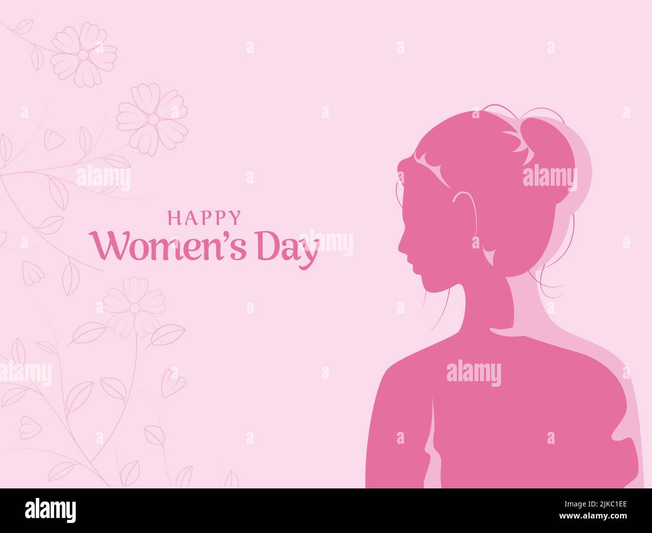 Happy Women's Day Concept With Silhouette Female And Line Art Floral Decorated On Pink Background. Stock Vector