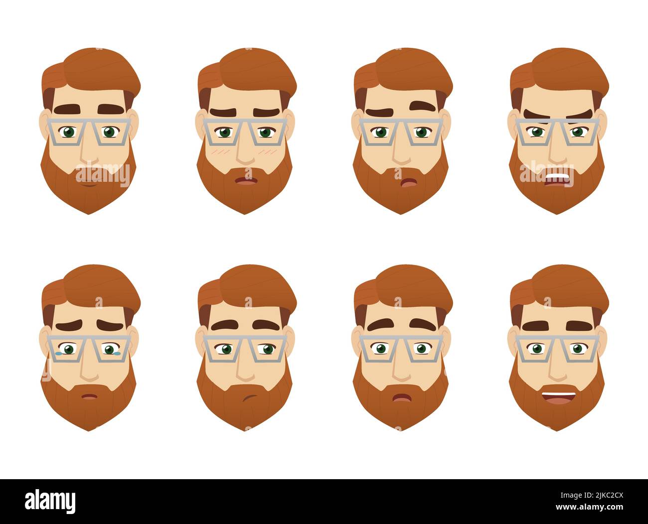 Young man programmer emotions sticker set. Science worker portrait. Men with glasses and beard. Stock Vector