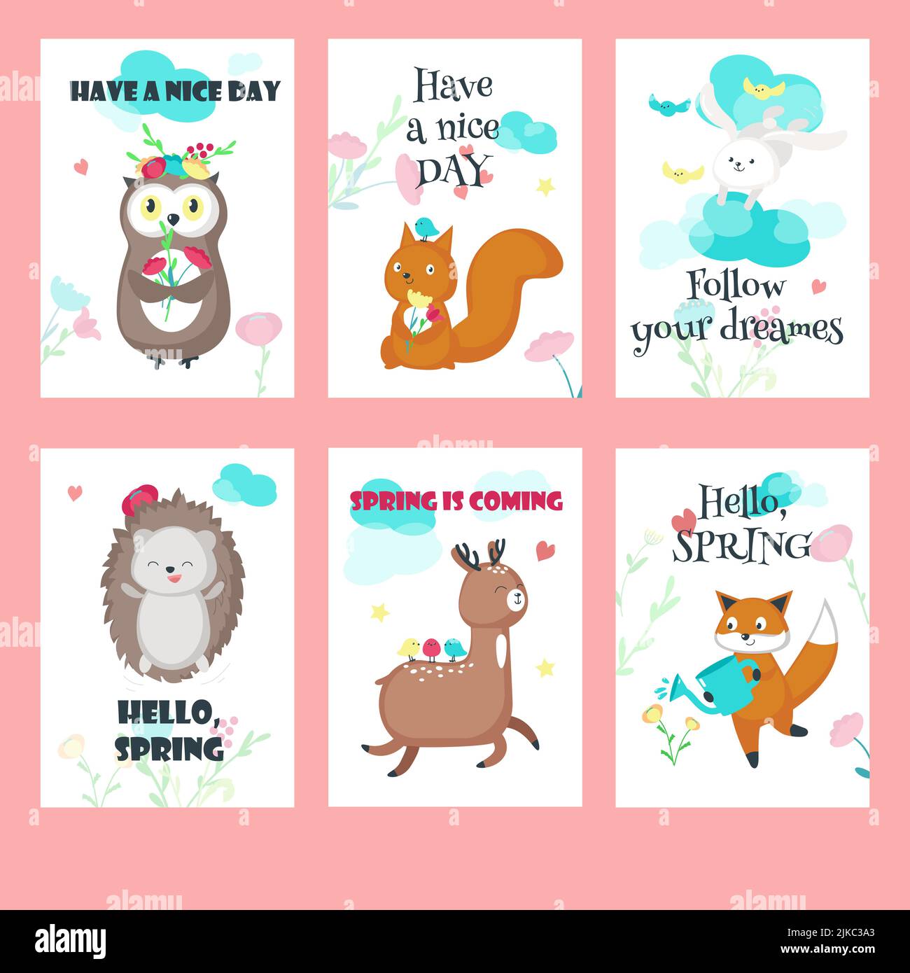Vector set of spring cards with forest animals and inspirational