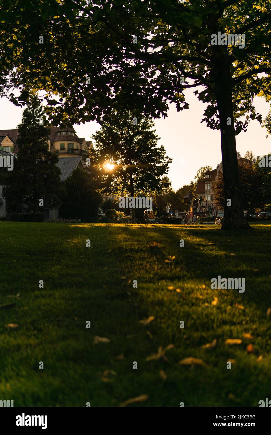 A group of people resting on benches in scenic green park at sunset, Velden am Worthersee, Austria Stock Photo