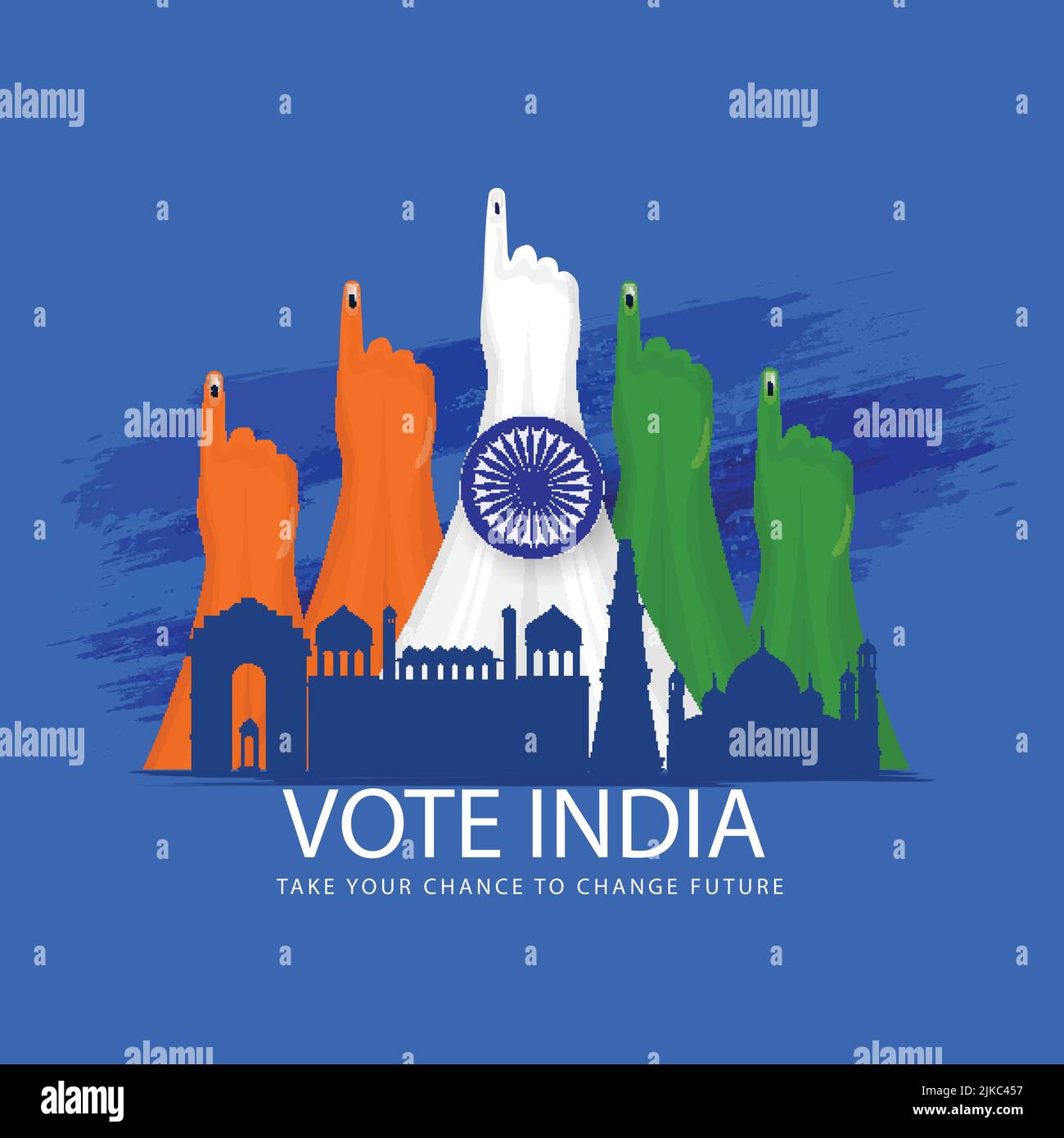 Vote Of India Poster Design With Silhouette Famous Monuments, Ashoka Wheel And Tricolor Voter Hands On Blue Brush Effect Background. Stock Vector