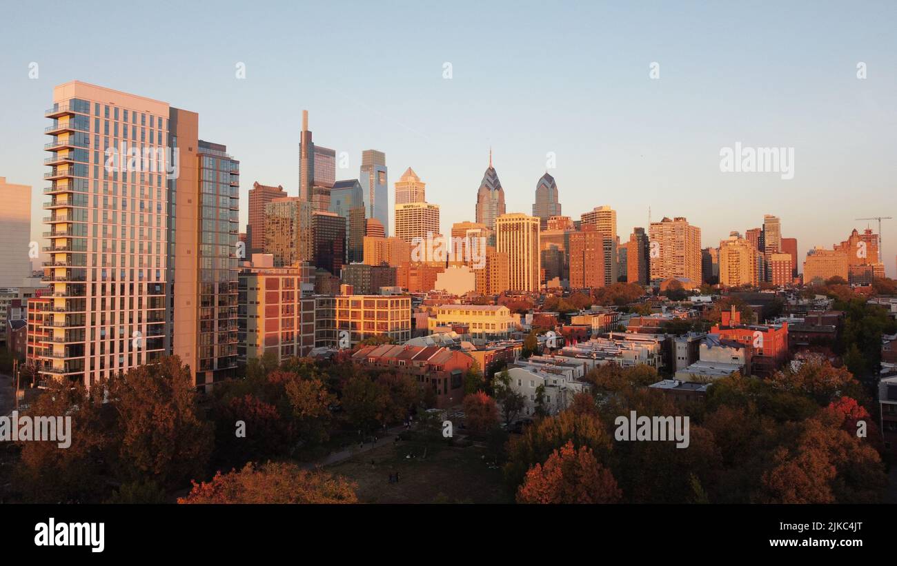 A skyline of the city center with tall buildings on the sunrise Stock ...