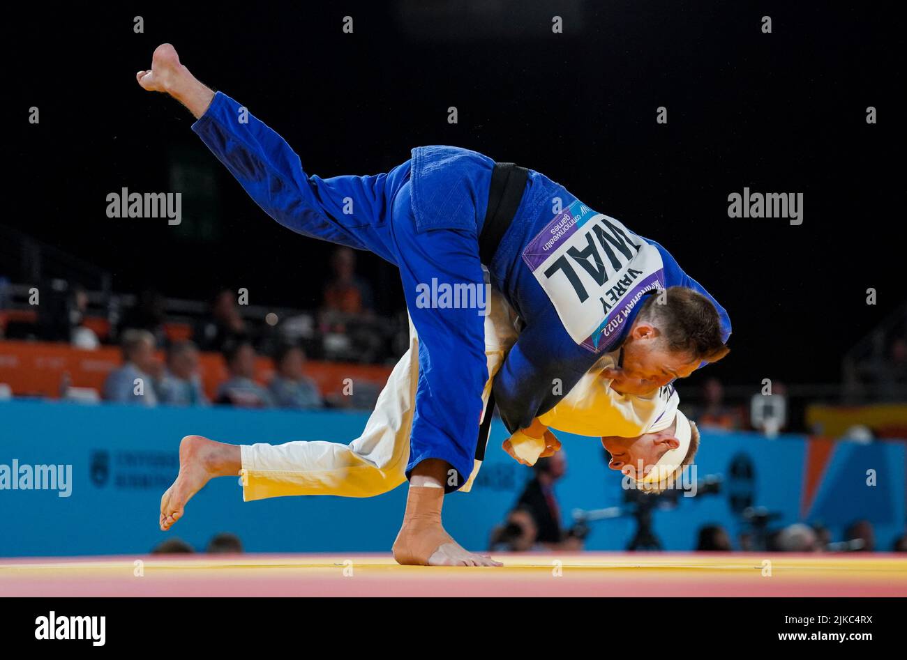 Wales Gregg Varey takes on Australias Nathan Kratz in the Mens 66k Judo at Coventry Arena on day four of the 2022 Commonwealth Games
