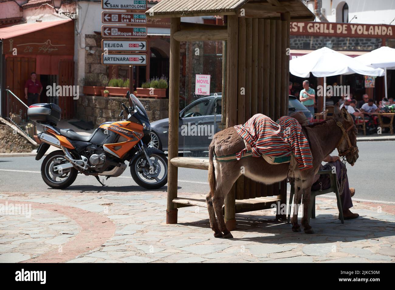 Man with donkey and large displacement motorcycle.  Yesterday and today of transportation Stock Photo