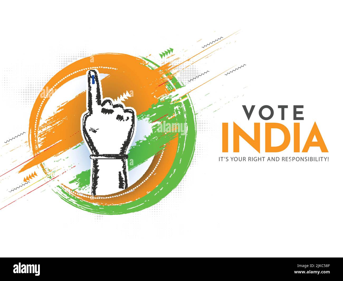 Vote India, It's Your Right And Responsibility Text With Sticker Style Indian Voter Hand, Saffron And Green Brush Circular On White Background. Stock Vector
