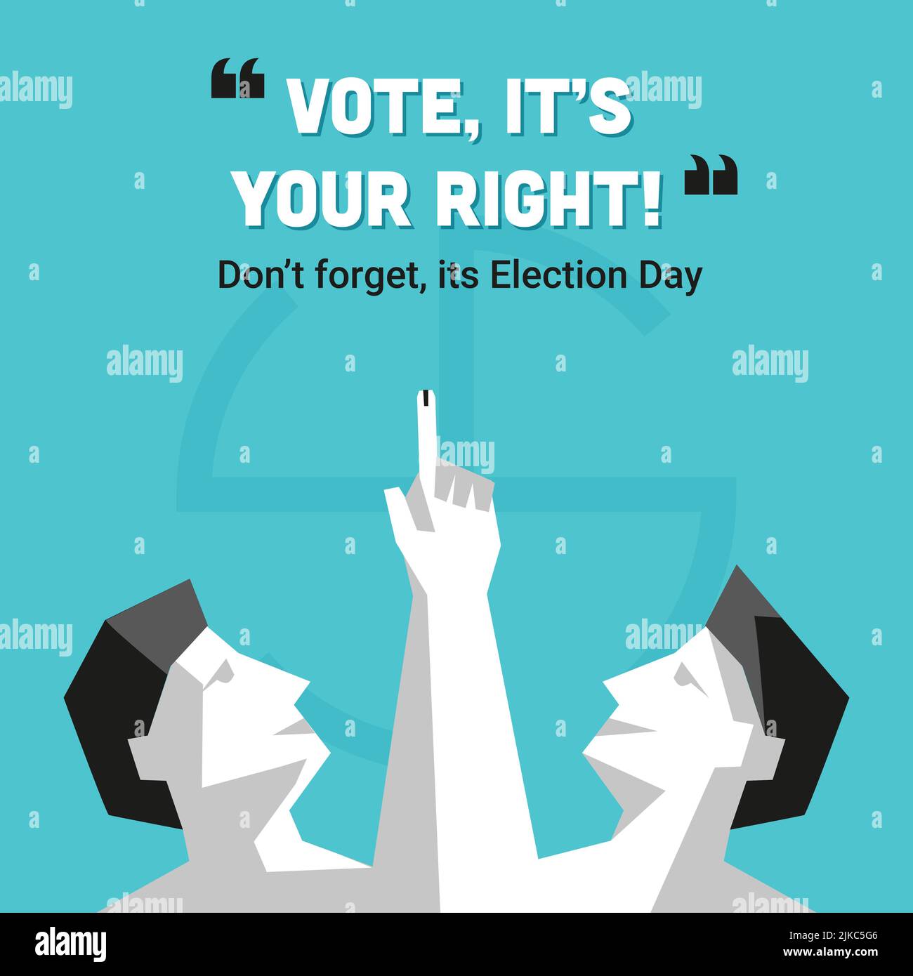 Vote, It's Your Right And Don't Forget Election Day Concept With Cartoon Voter Men Folded Hands And Showing Index Finger On Blue Background. Stock Vector