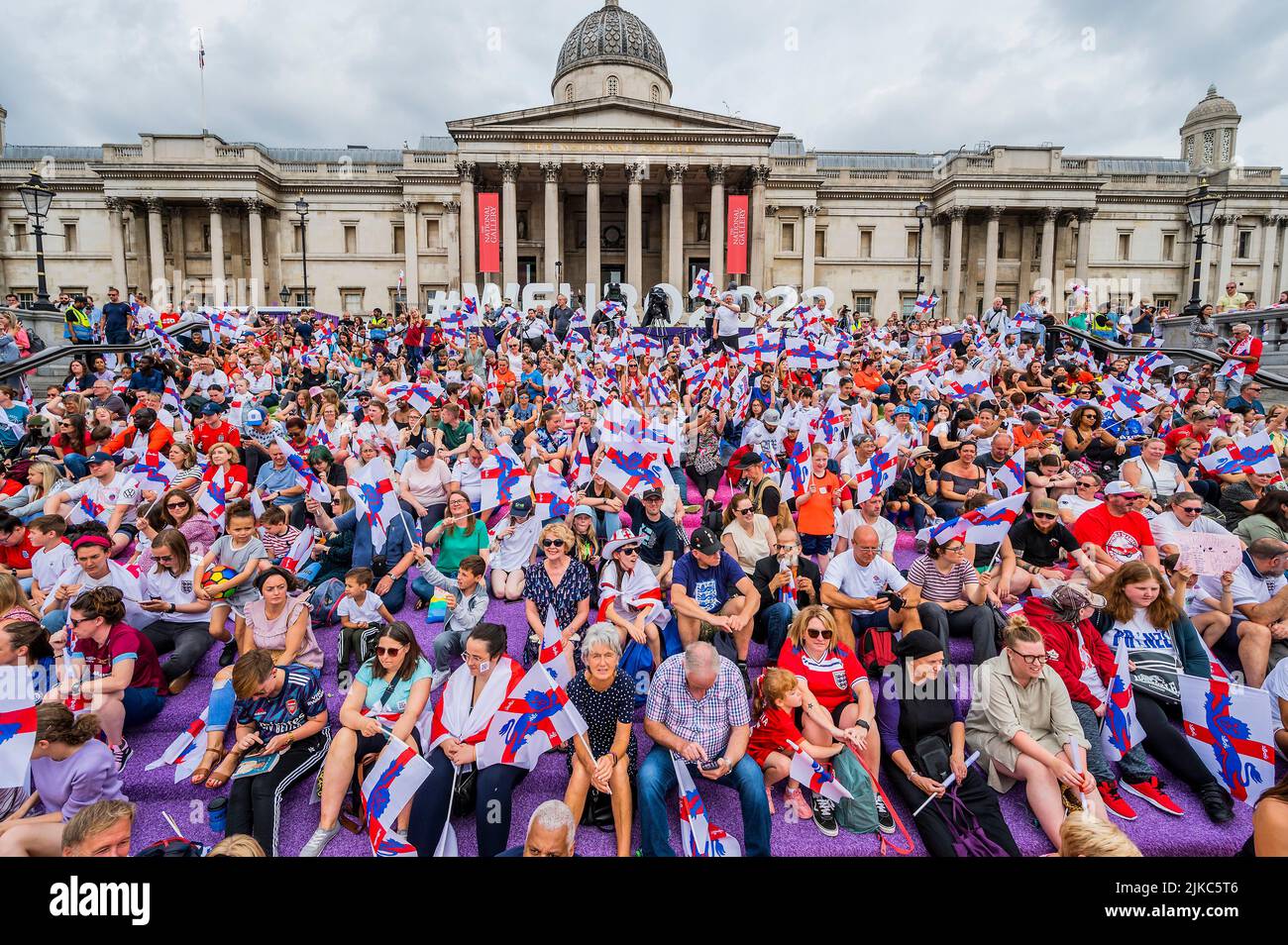 London, UK. 01st Aug, 2022. England celebration after winning the UEFA Women's EURO 2022 final. The event in Trafalgar Square was organised by the FA, the Mayor of London Sadiq Khan, and tournament organisers. It offered free access for up to 7,000 supporters. Credit: Guy Bell/Alamy Live News Stock Photo