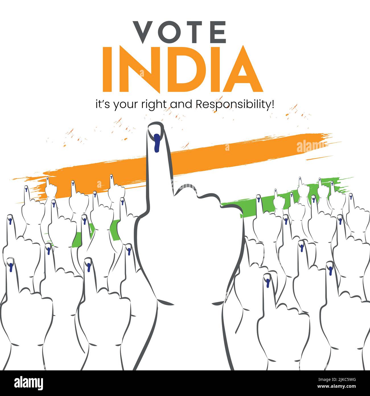 Crowd Of Indian Voters Showing Index Finger After Voting With Tricolor Brush Effect For Election Day. Stock Vector