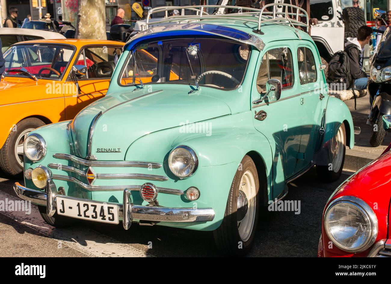 Renault 4cv classic on Exhibition of classic cars on Paseo de Gracia in Barcelona city Stock Photo