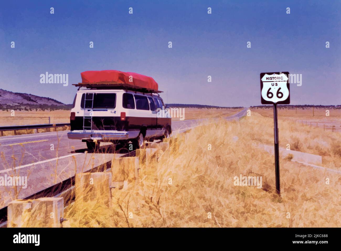 Travelling in the USA, Camper van parked on Route 66, Stock Photo