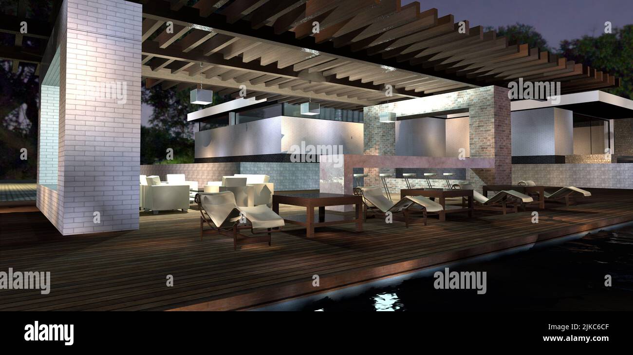 Cozy patio at night. Beige furniture, bar counter and wooden flooring ...