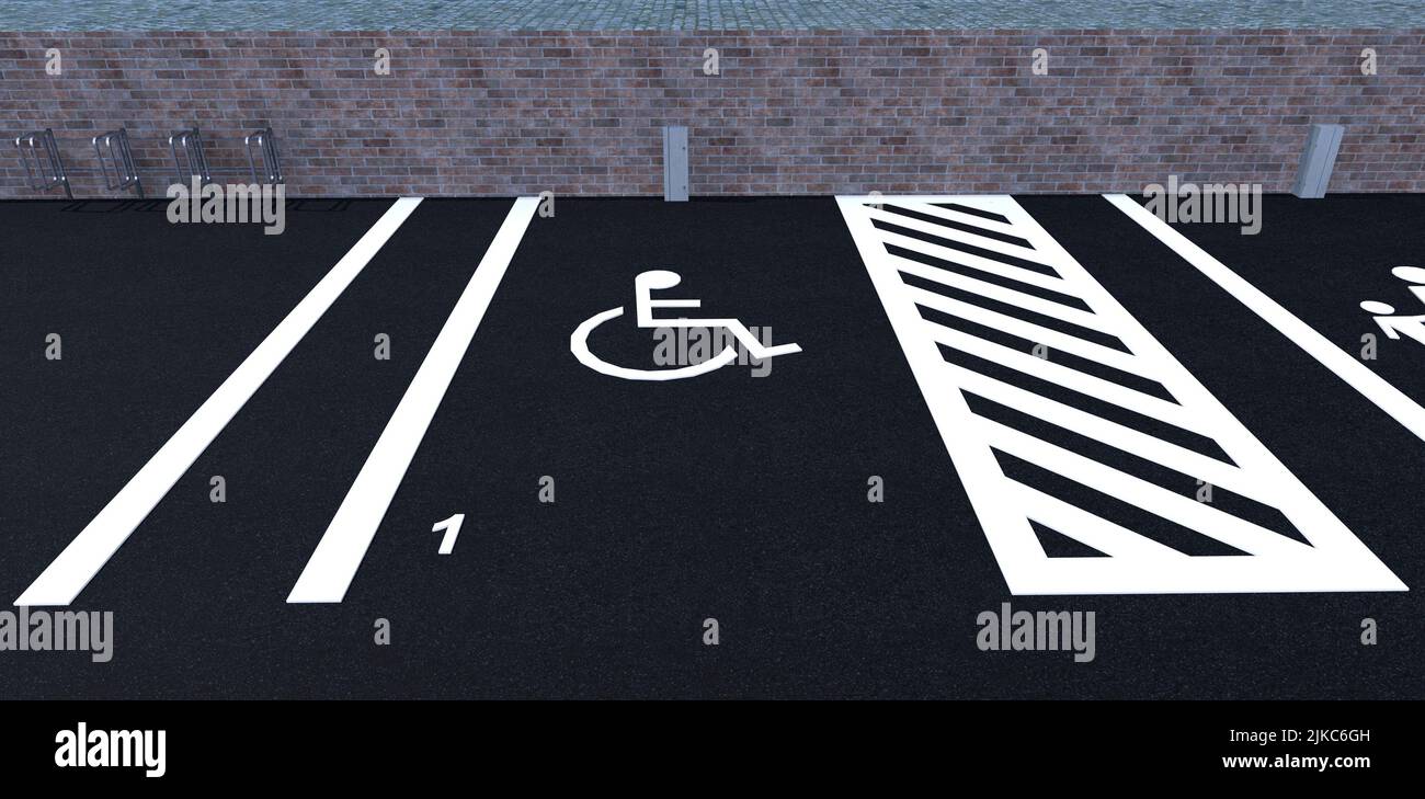 Road marking. Place for the disabled in the car parking. Rubber bumper. Luminescent white paint. 3d render. Stock Photo