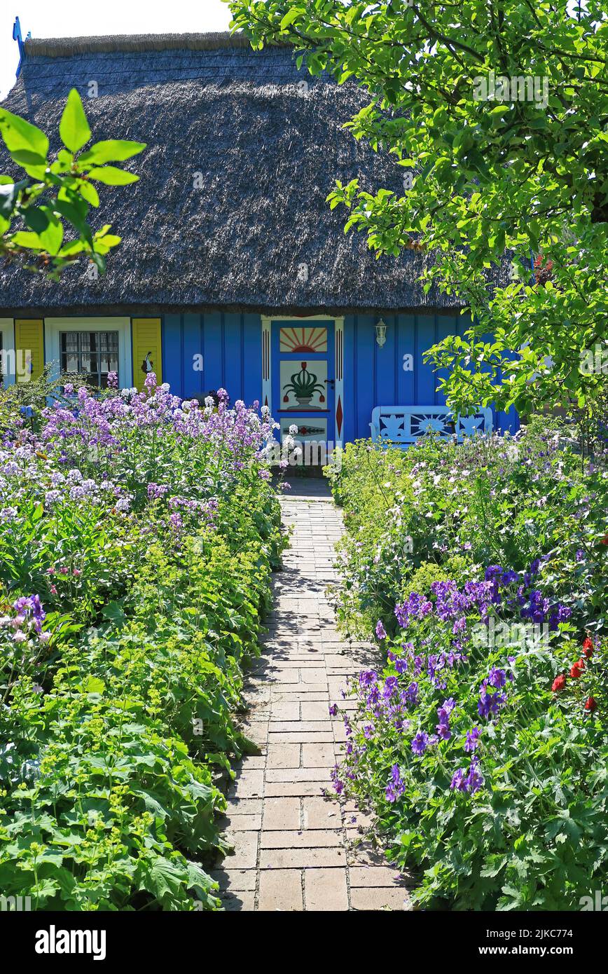 Footpath through beautiful flowerbeds to an old wooden house with a thatched roof Stock Photo