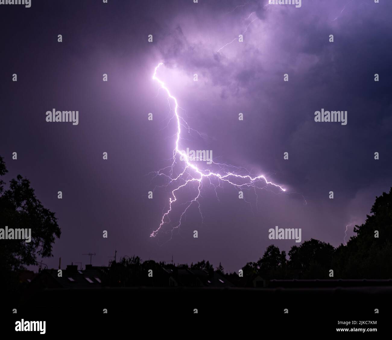 Huge lightning in the night sky with silhouettes of trees Stock Photo ...